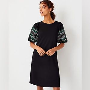 Ann Taylor | Petite Black Stretch Dress with Embroidered Bubble Sleeves